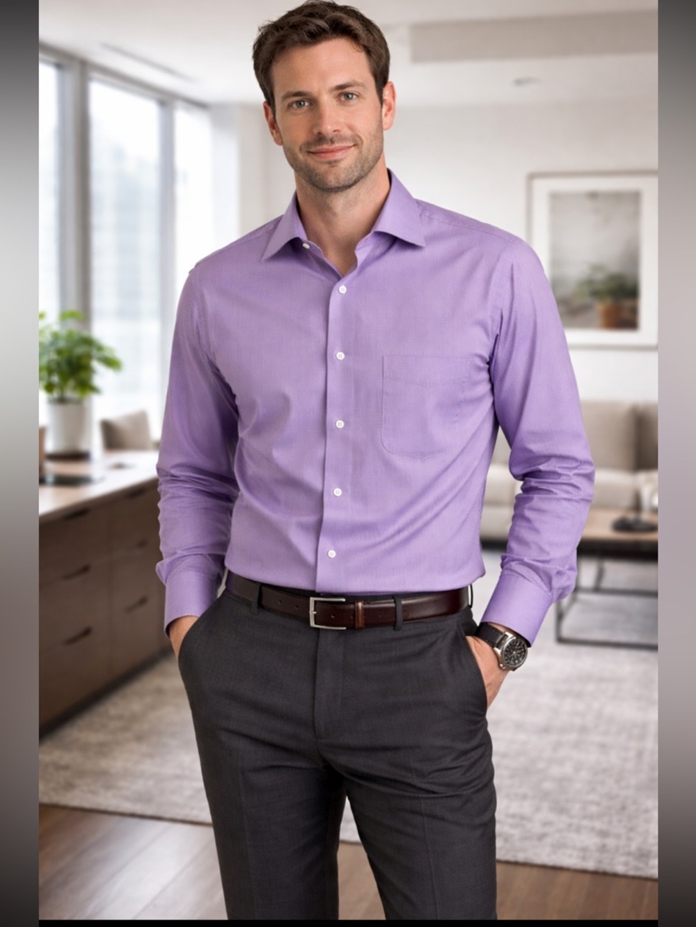 DKNY for Men dress shirt in purple and white.  Size Large.  16.5 neck. 32/33.